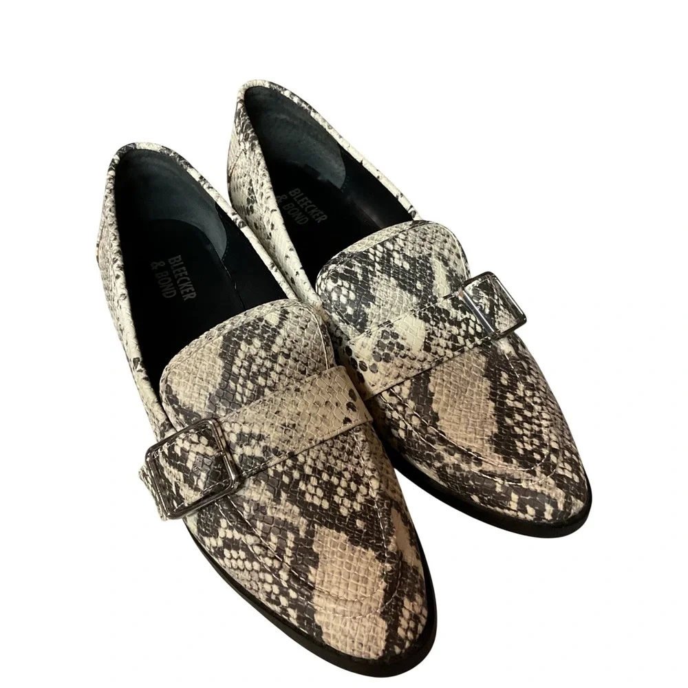 Bleeker & Bond‎ Women's Snakeskin Print Buckle Strap Slip On Flat Loafers Size 8